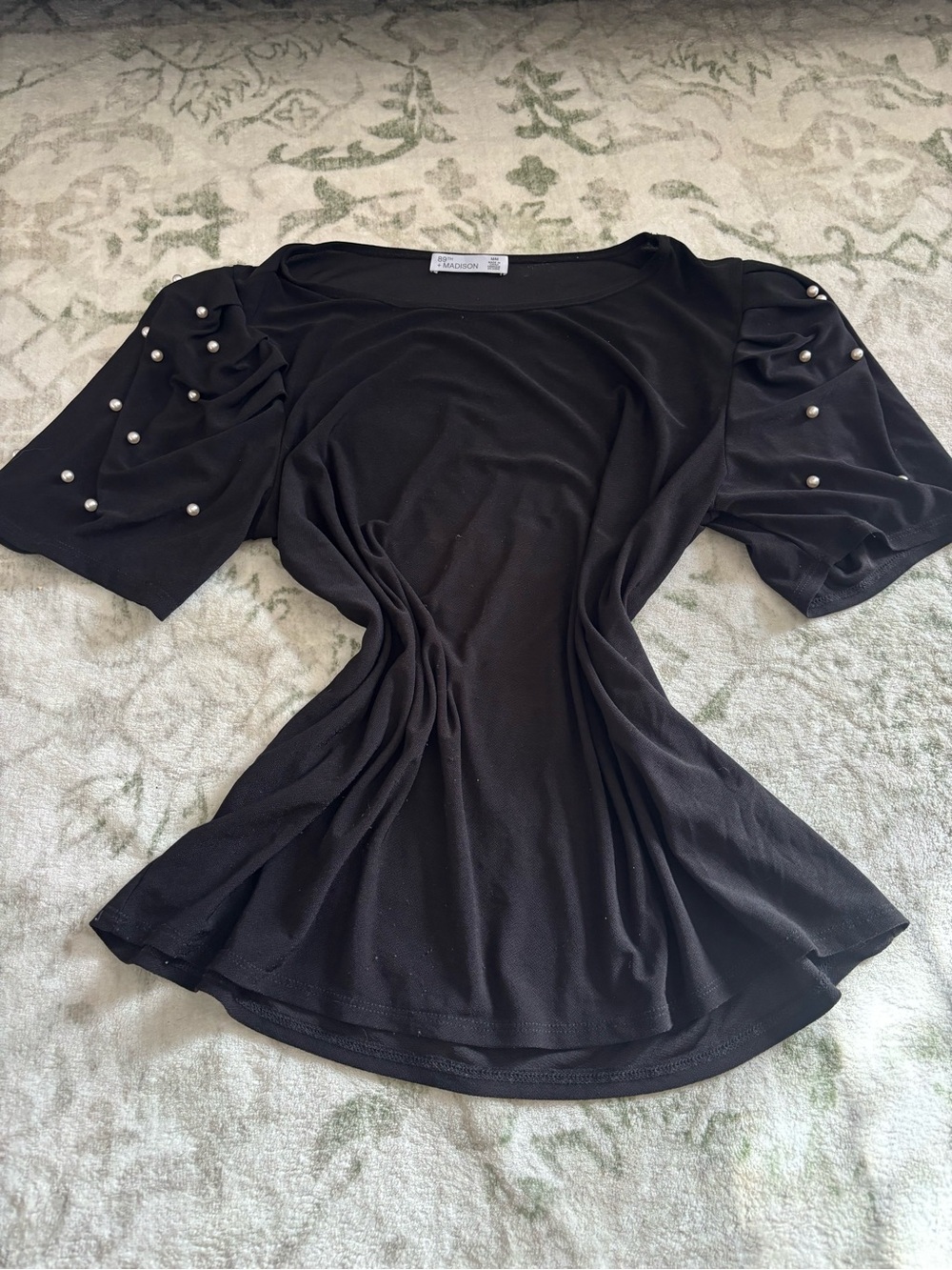 89th & Madison Black Pearl-Embellished Short Sleeve Top